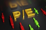 P/E (Price/Earnings per share) is the ratio of the share price to earnings per share. A sign on the background of a graph with Japanese candles, 3d rendering