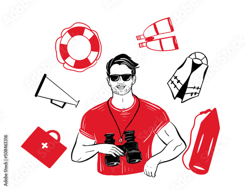 Lifeguard in sunglasses with binoculars.Lifeguard icon set.Vector illustration.