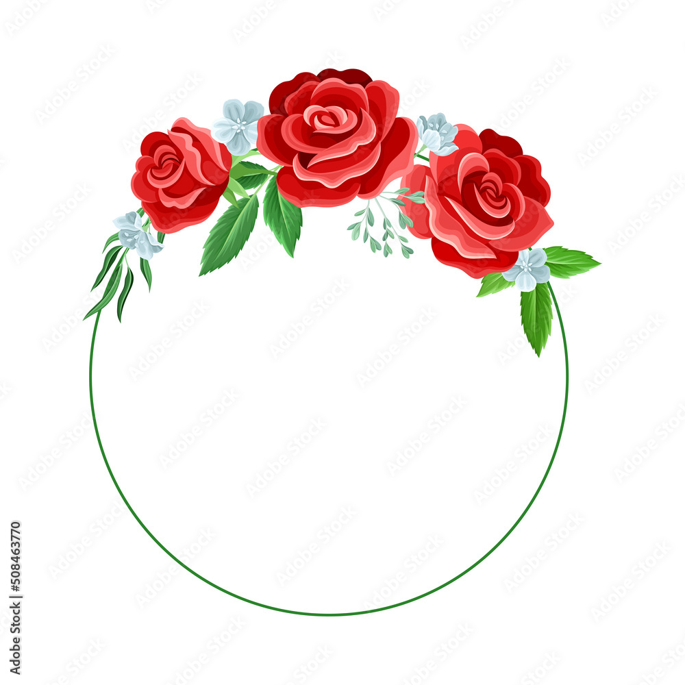 Round Rose Frame with Red Lush Bud and Green Leaves Arranged in Shape with Border Vector Illustration