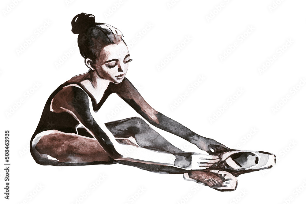 Watercolor young sitting ballerina and pointe. Hand drawn artistic illustration. Painting beautiful girl dancer on white background. Watercolor young sitting ballerina and pointe. Hand drawn artistic illustration. Painting beautiful girl dancer on white background.