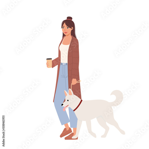 Young woman walks with her dog in the park. Cartoon flat vector illustration of female with coffee in her hand and pet.