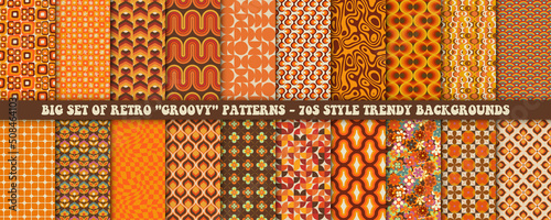 Set of colorful retro patterns. Vector trendy backgrounds in 70s style. Abstract modern geometric and floral ornaments, vintage backgrounds