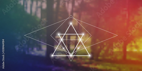 Sacred geometry zentangle inspired design template with oriental tribal ornaments. Geometric ornamental new age art.  Meditation symbol in front of outer space background.
