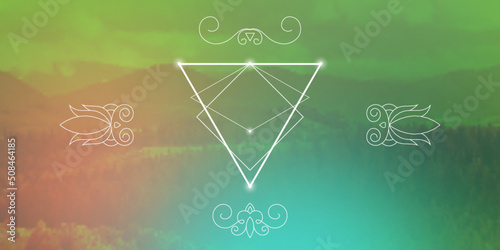 Sacred geometry zentangle inspired design template with oriental tribal ornaments. Geometric ornamental new age art.  Meditation symbol in front of outer space background.
