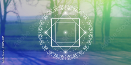 Sacred geometry zentangle inspired design template with oriental tribal ornaments. Geometric ornamental new age art.  Meditation symbol in front of outer space background.
