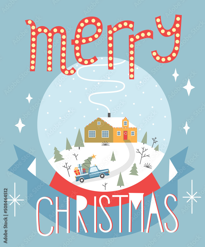 Snow globe with car on snowy road driving to yellow house. Christmas card template.