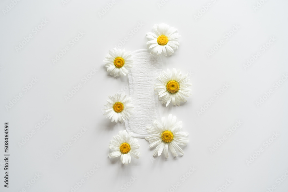 Fototapeta premium Menstruation period concept. Hygienic white female pad with chamomile flowers. Menstruation, protection. Women's health