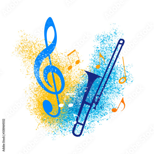 Photography Music graphic with trombone wind instrument.