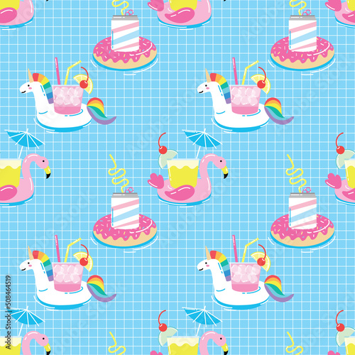 Seamless pattern with summer pool floating drink holders in funny cartoon style