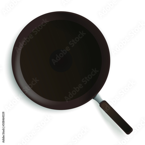 Empty pan. Cooking foods. Top view. Metallic utensil for frying and Roast meal. Cook tools. Fry product.  Fast food. Isolated on white background photo