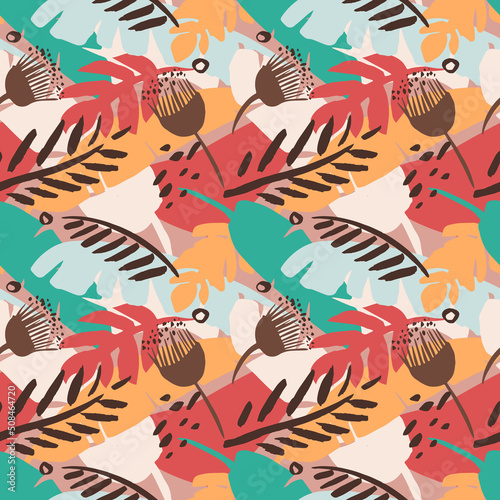 Seamless tropical pattern with hand drawn palm leaves and jungle plants