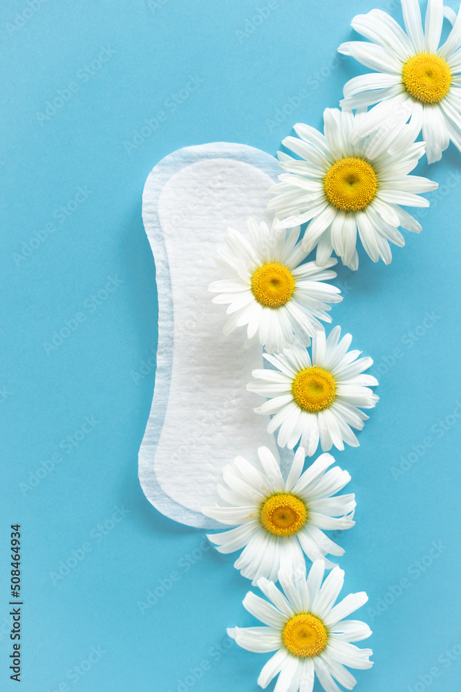 Obraz premium Menstruation period concept. Hygienic white female pad with chamomile flowers on blue background. Menstruation, protection. Women's health