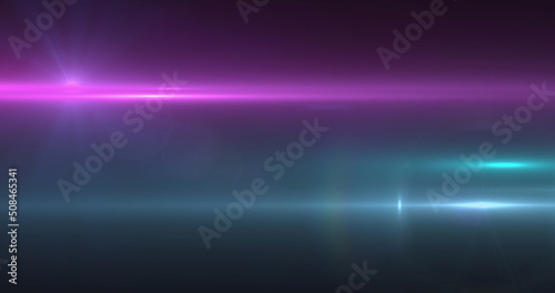 Image of pink spotlight with lens flare and light beams moving over dark background