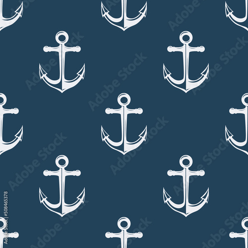 Vector Seamless Pattern with Hand drawn Anchor. Design Template for Textile, Apparel, Wallpapers. White Anchor on Blue. Antique Vintage Marine Anchors