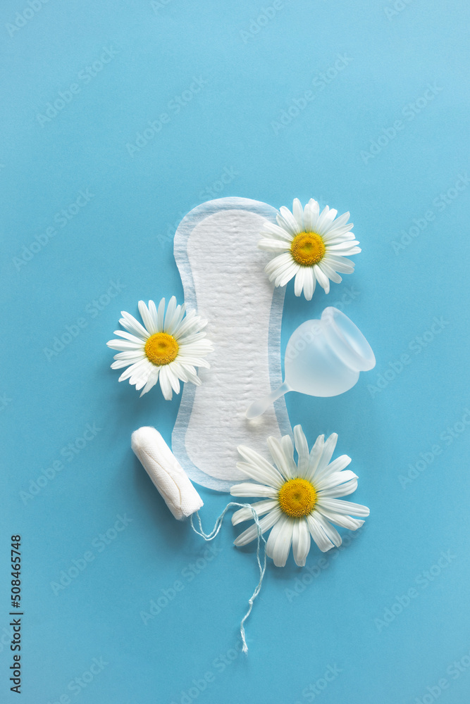 Obraz premium Menstruation period concept. Hygienic white female pad, Menstrual cup and tampon with chamomile flowers. Menstruation, protection. Women's health