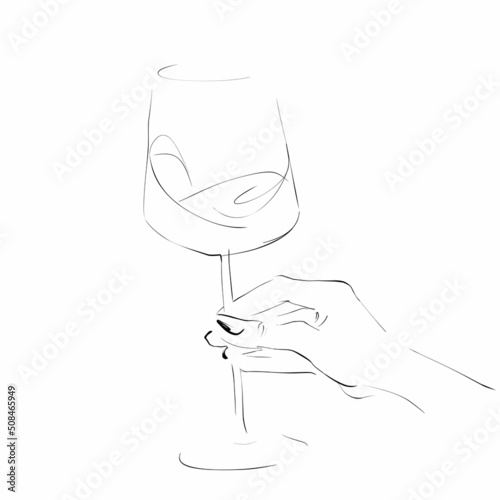 Glass of wine, woman's hand. Hand-drawn illustration on the theme of wine tasting. Vector