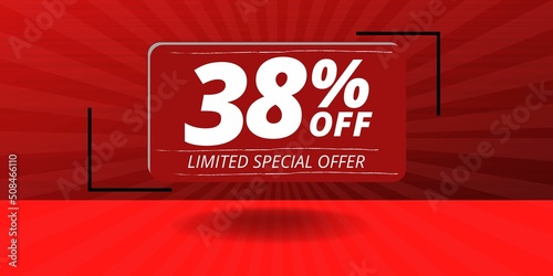 38% off limited special offer. Banner with thirty eight percent discount on a red background with white square and red