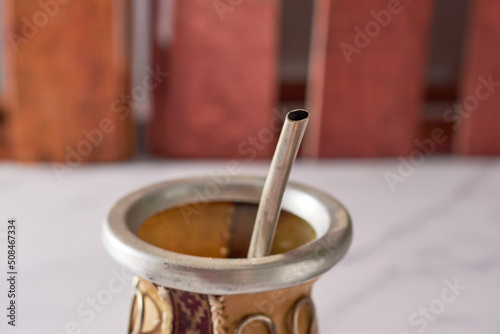Mate yerba tea in calabash. Traditional argentinian beverage.