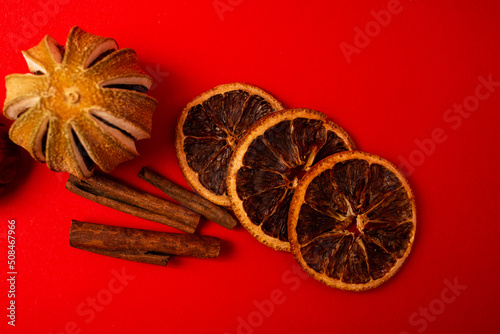 Dried fruits on a red background