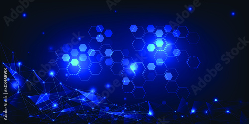 Vector illustration of abstract blue futuristic technology with hologram hexagonal network and dots connecting wireframes.Future technology concepts.