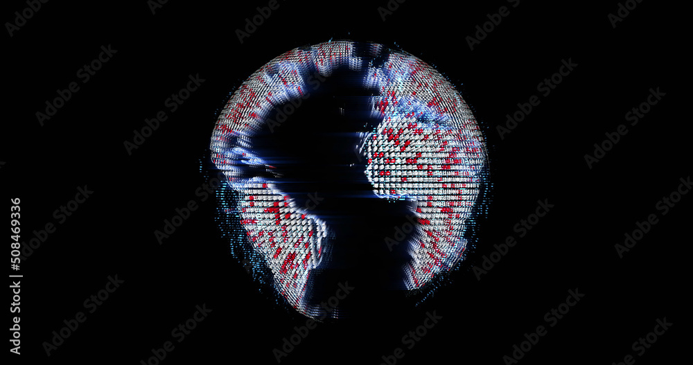 Image of glowing data processing over spinning globe on black background