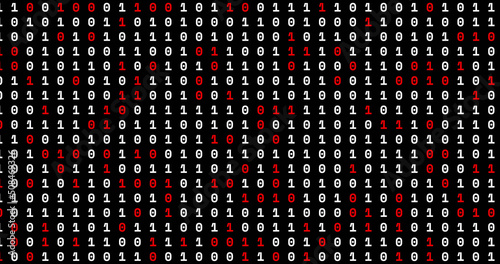 Image of red and white binary coding moving on black background