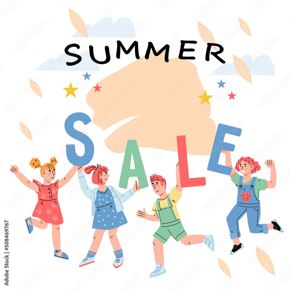 Kids fashion summer sale banner template, flat vector illustration on white background. Summer sale banner or poster layout for children store and online shop. Kids fashion summer sale banner template, flat vector illustration on white background. Summer sale banner or poster layout for children store and online shop.