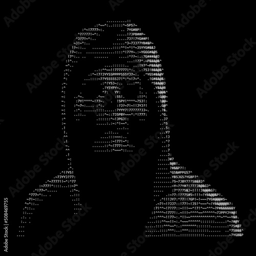 Man in hoodie with skull face on black background, ASCII art design.  Hacker skull hoodie avatar