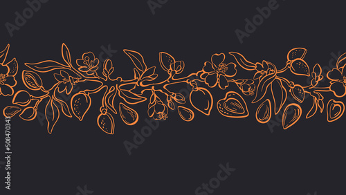 Almond tree. Vector seamless pattern. Nuts, flower