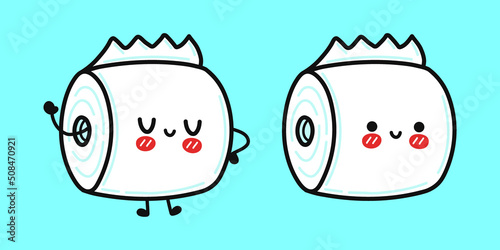 Funny cute happy toilet paper Cute funny toilet paper character. Vector hand drawn cartoon kawaii character illustration icon. Isolated on blue background. Toilet paper character concept