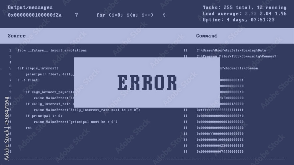 Hacking the cyber security firewall on the computer. Error message popup caused by hacking of the cyber security technology. Hacking group is exploiting the corrupted cyber security tech. Programming