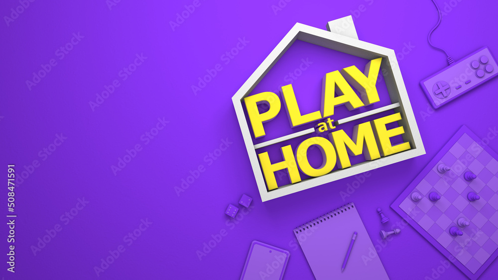 Play at home. Board games on a purple background. Copy space for text. 3d render