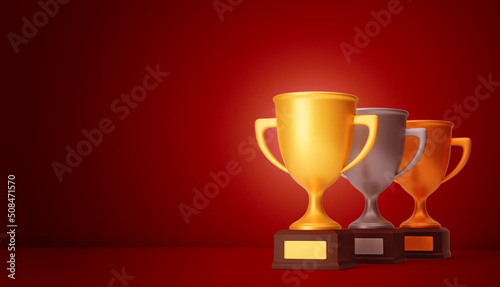 Winner Cups, Gold Cup, Silver Cup and Bronze Cup. Template Copy space for text. mock-up. 3d render
