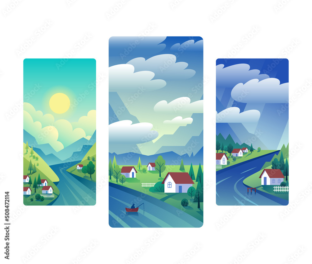 Landscape illustrations. Sunny, cloudy and rainy weather.