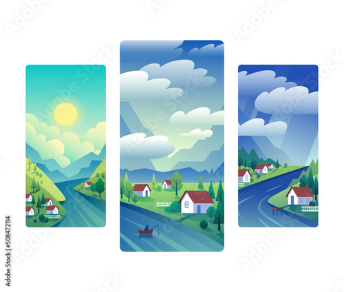 Landscape illustrations. Sunny  cloudy and rainy weather.