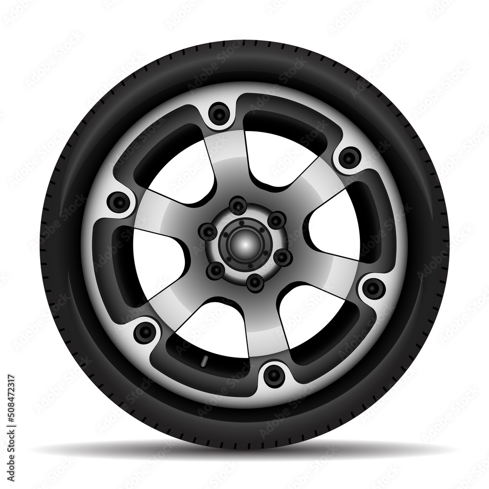 Obraz premium Aluminum wheel car tire for sport racing on white background vector