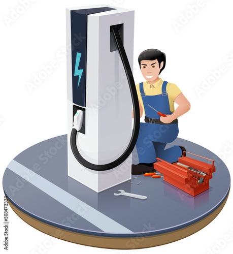 Electric vehicle charging station undergoing maintenance with a kneeling repairman with his toolbox (cut out)