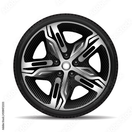 Aluminum wheel car black hexagon mesh pattern texture tire for modern sport racing on white background vector