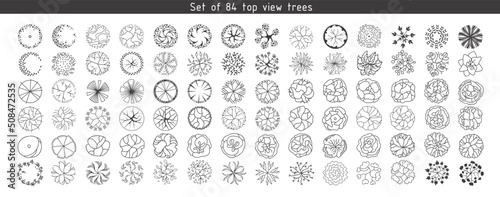 Trees for architectural floor plans. Entourage design. Various trees, bushes, and shrubs, top view for the landscape design plan. Vector illustration.