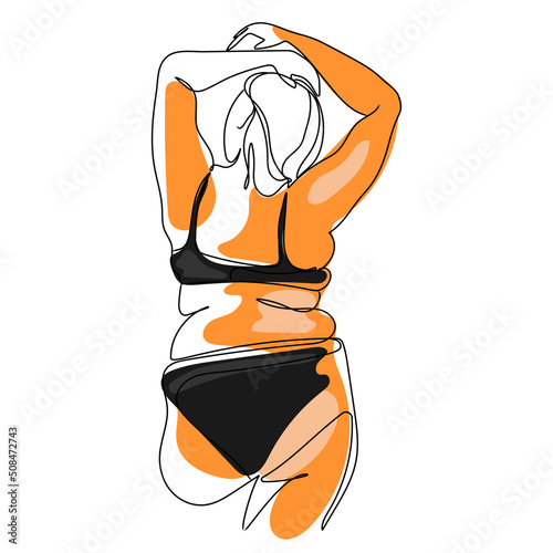 Line art abstract Curvy woman in underwear (swimsuit) back view vector illustration isolated on white background.Minimalist linear female figure.Simple body positive elegant poster.