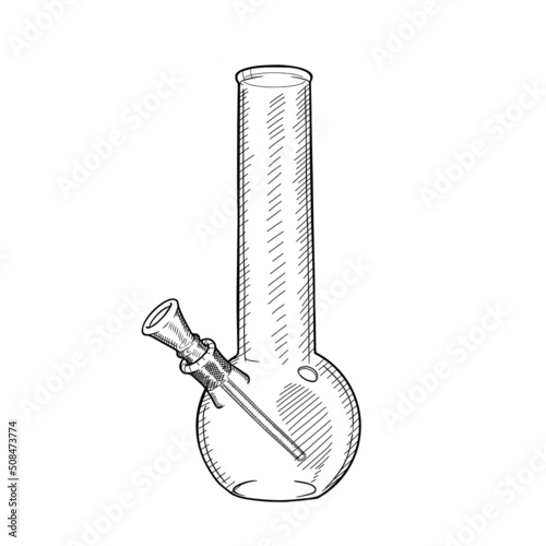 Hand drawn glass bong vector sketch isolated on white background. Device for smoking cannabis. Hookah for marijuana.