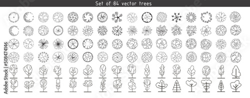 Trees for architectural floor plans. Entourage design. Various trees, bushes, and shrubs, top view for the landscape design plan. Vector illustration.