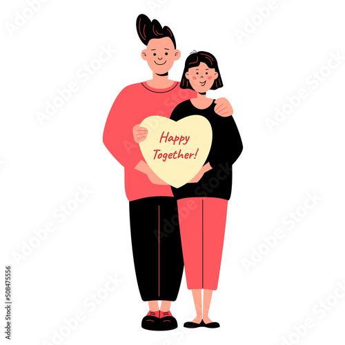 Young man and woman hold the heart with love quote. Vector flat isolated illustration with line decoration. 