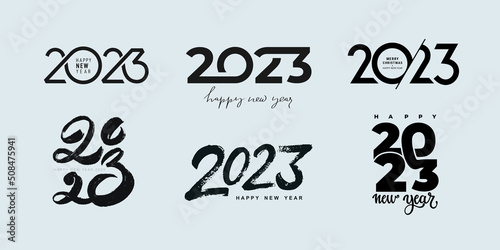 Set of 2023 Happy New Year logo design. 2023 number design template. Collection of 2023 Happy New Year symbols. Vector illustration. Minimal trendy backgrounds for branding, cover, banner, card poster
