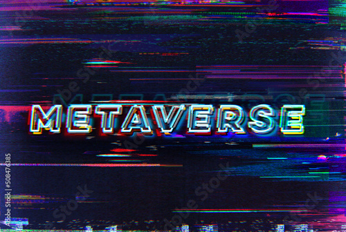 METAVERSE. Glitch art corrupted graphics typography illustration in retro style of vintage CRT TV screens and VHS tapes.