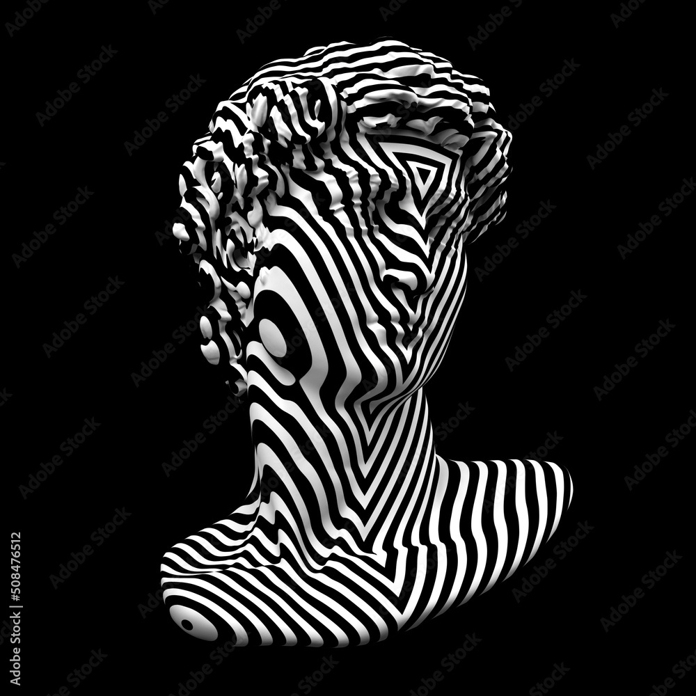 Abstract black and white striped triangles pattern illustration from 3D rendering of classical head sculpture isolated on black background. Abstract black and white striped triangles pattern illustration from 3D rendering of classical head sculpture isolated on black background.
