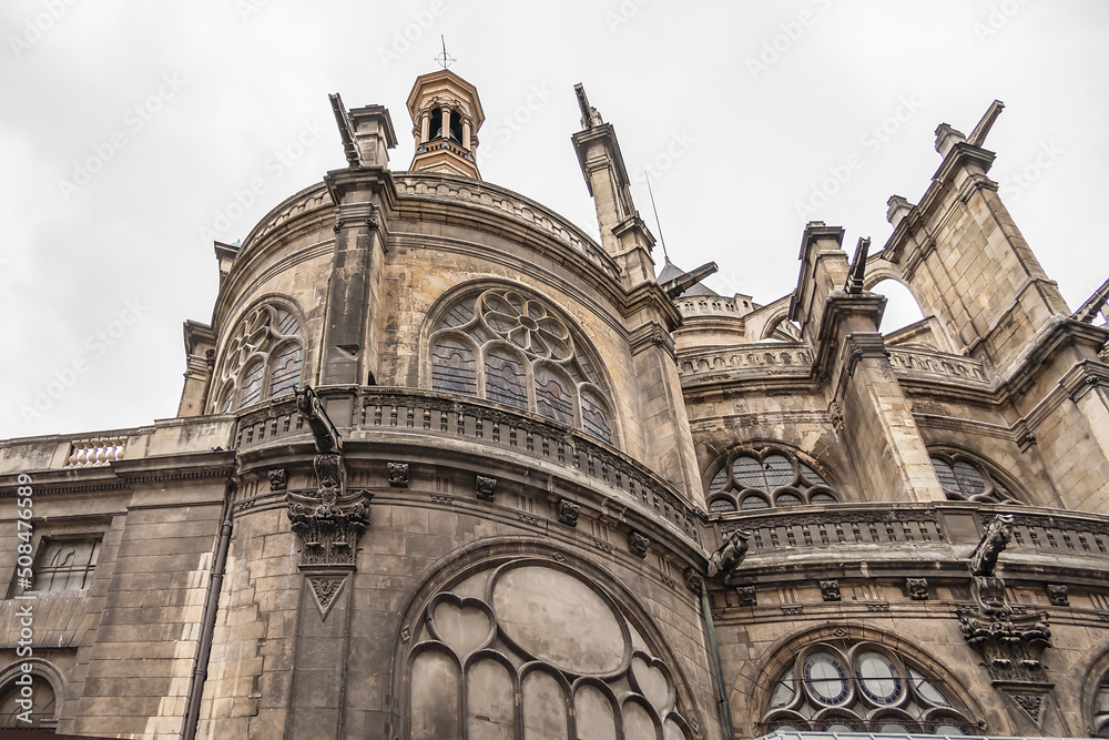 Architectural fragments of Paris Saint-Eustache church (Eglise Saint Eustache, 1532 - 1637). Saint-Eustache church located in Les Halles area of Paris. UNESCO World Heritage Site. Paris, France.