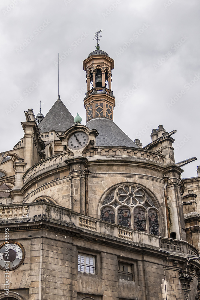 Architectural fragments of Paris Saint-Eustache church (Eglise Saint Eustache, 1532 - 1637). Saint-Eustache church located in Les Halles area of Paris. UNESCO World Heritage Site. Paris, France.