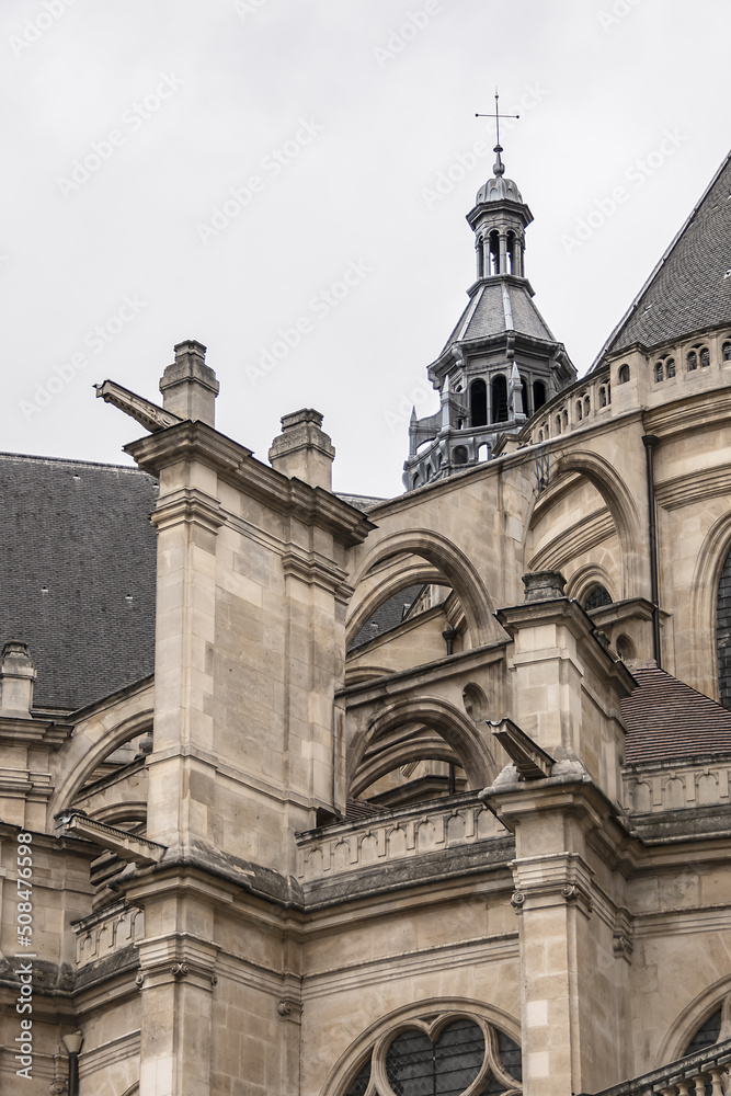 Architectural fragments of Paris Saint-Eustache church (Eglise Saint Eustache, 1532 - 1637). Saint-Eustache church located in Les Halles area of Paris. UNESCO World Heritage Site. Paris, France.