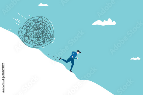 businessman runs away from a large stone rolling down the hill. financial problems, debt, tax, and bill.